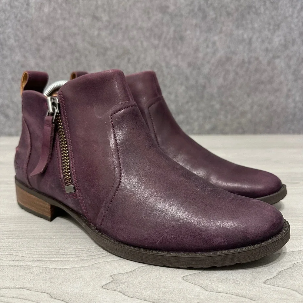 UGG‎ Aureo Ankle Boots Womens 9.5 Purple Leather Side Zip Casual Booties 1098314
